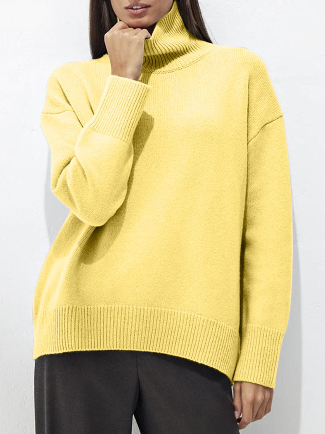 Turtleneck Drop Shoulder Long Sleeve Sweater - Trendsi