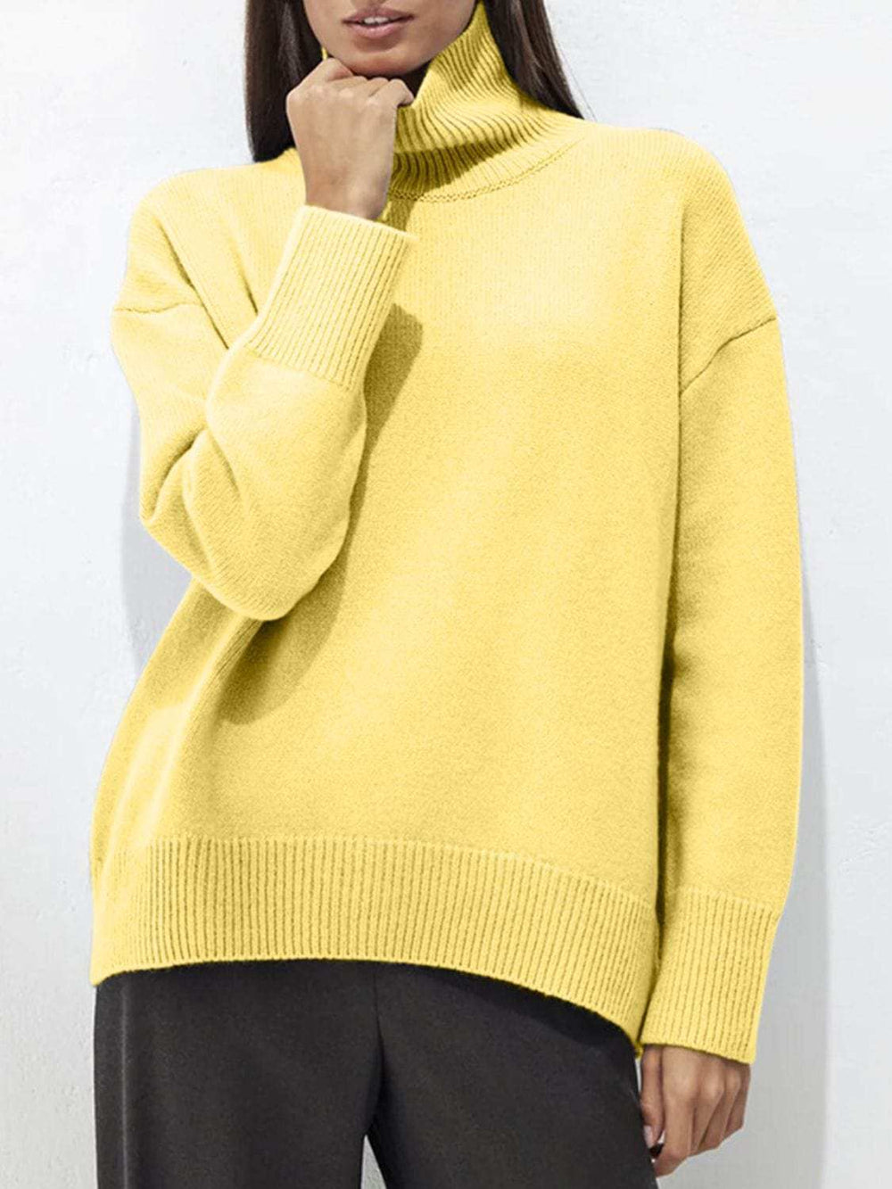 Turtleneck Drop Shoulder Long Sleeve Sweater - Trendsi - Flyclothing LLC