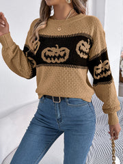 Pumpkin Round Neck Long Sleeve Sweater - Trendsi