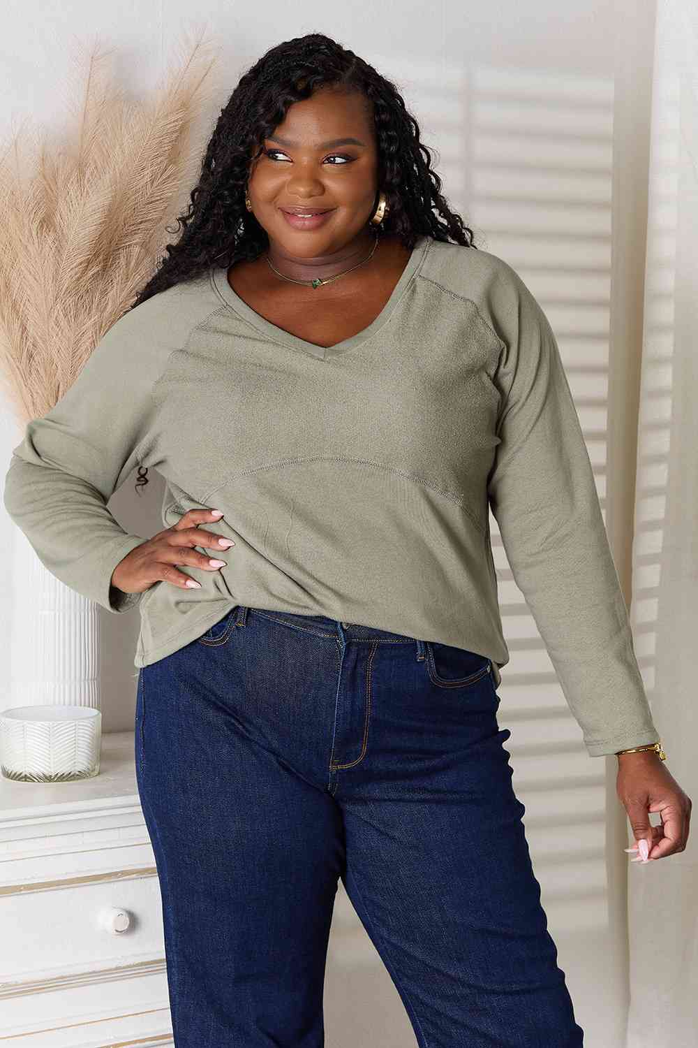 Culture Code Full Size V-Neck Long Sleeve T-Shirt - Trendsi - Flyclothing LLC