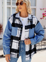 Pocketed Plaid Snap Down Denim Jacket - Trendsi - Flyclothing LLC