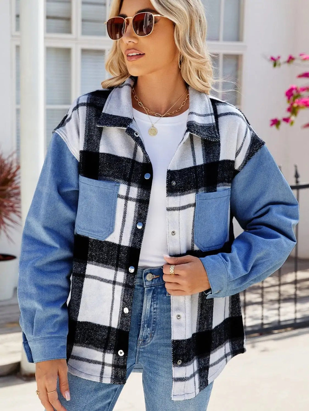 Pocketed Plaid Snap Down Denim Jacket - Trendsi