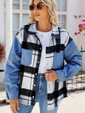 Pocketed Plaid Snap Down Denim Jacket - Trendsi