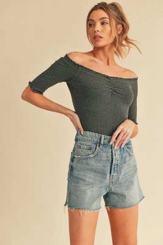Aemi + Co Ruched Frill Off-Shoulder Half Sleeve Knit Top - Trendsi - Flyclothing LLC