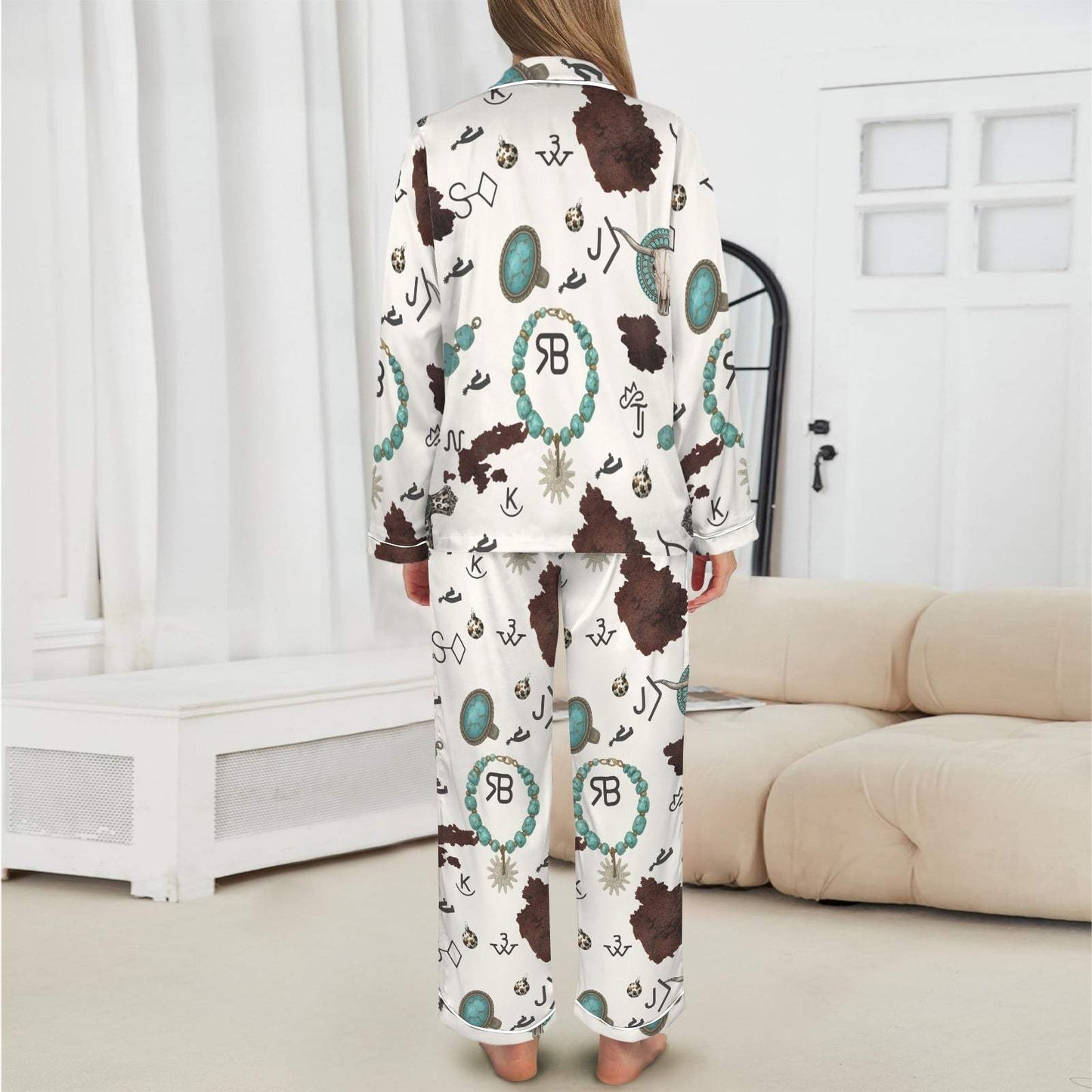 Baha Ranch Brands & Turquoise Cowgirl Christmas Western Cowprint Satin Pajamas