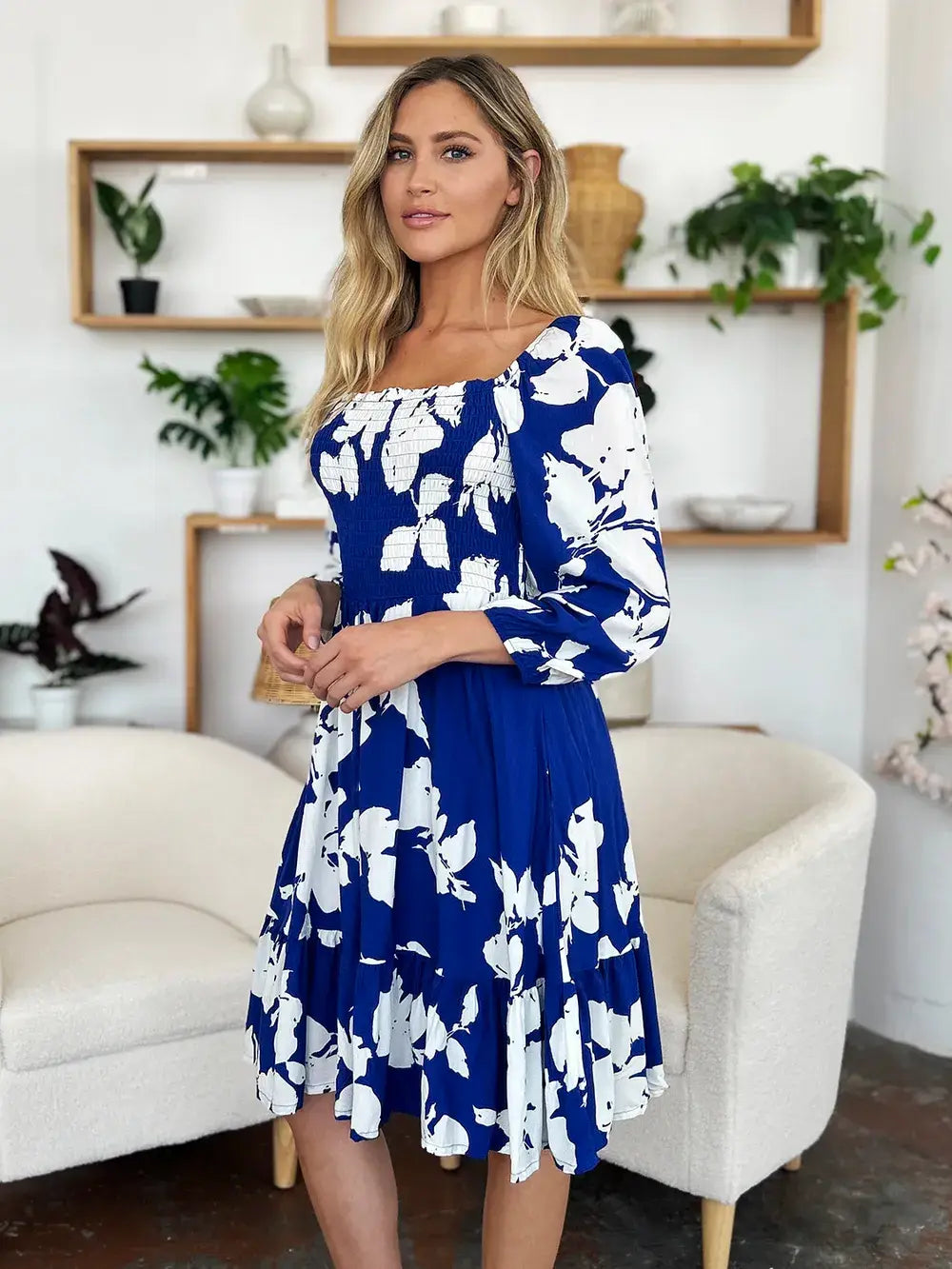 Double Take Full Size Floral Ruffle Hem Smocked Dress with Pockets - Trendsi - Flyclothing LLC