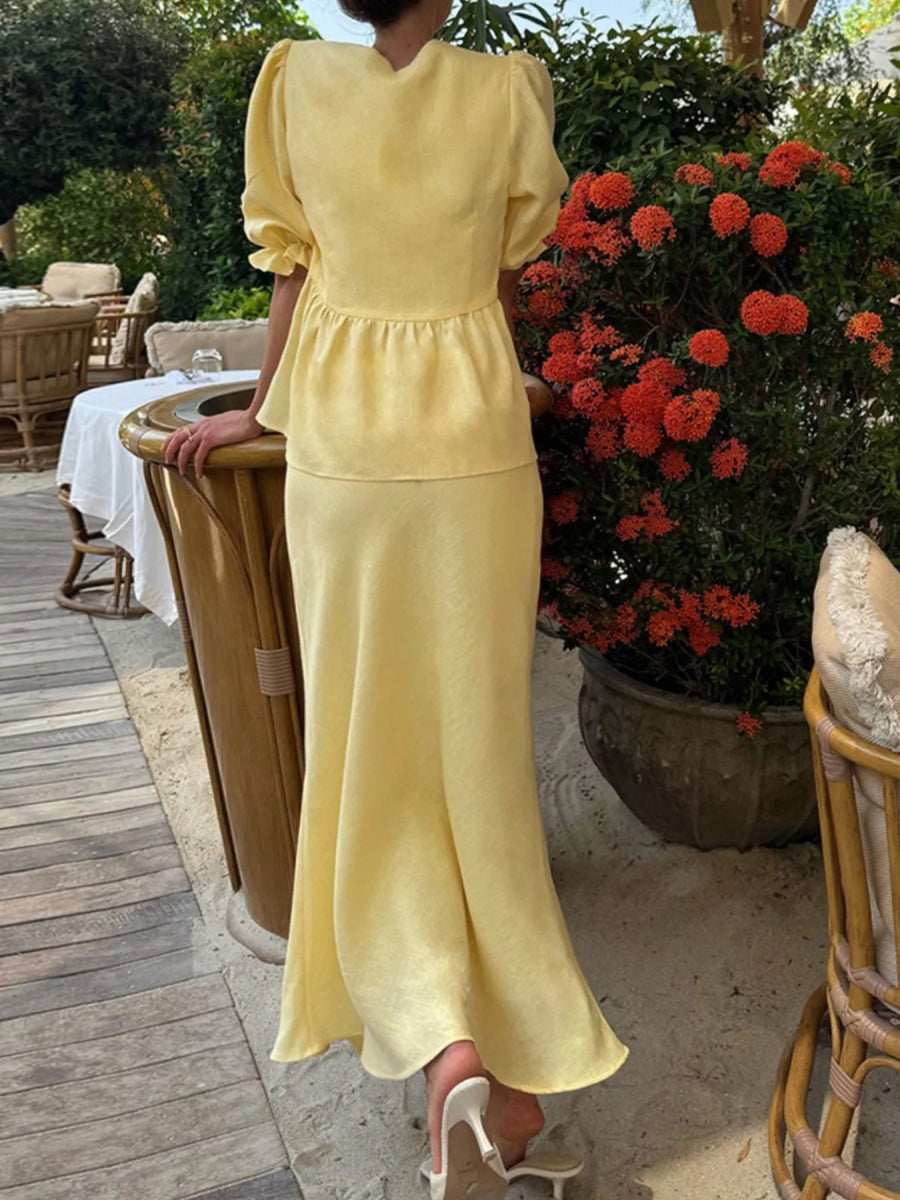 Tie Front Peplum Top and Skirt Set - Trendsi - Flyclothing LLC