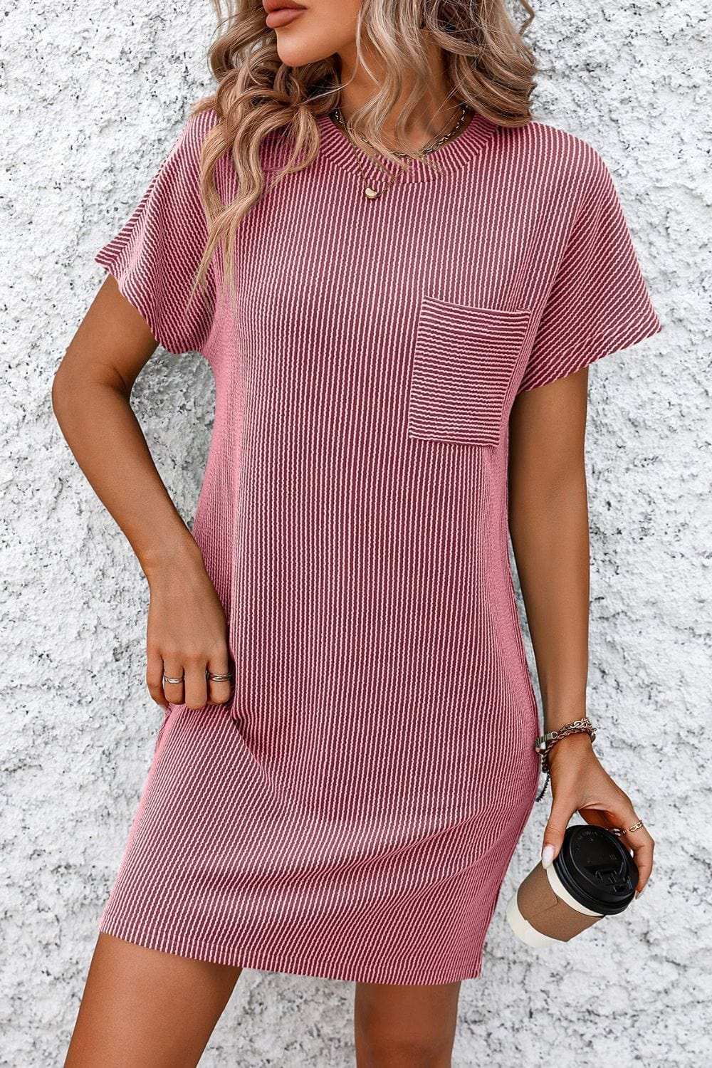 Ribbed Striped Short Sleeve Mini Tee Dress - Trendsi - Flyclothing LLC