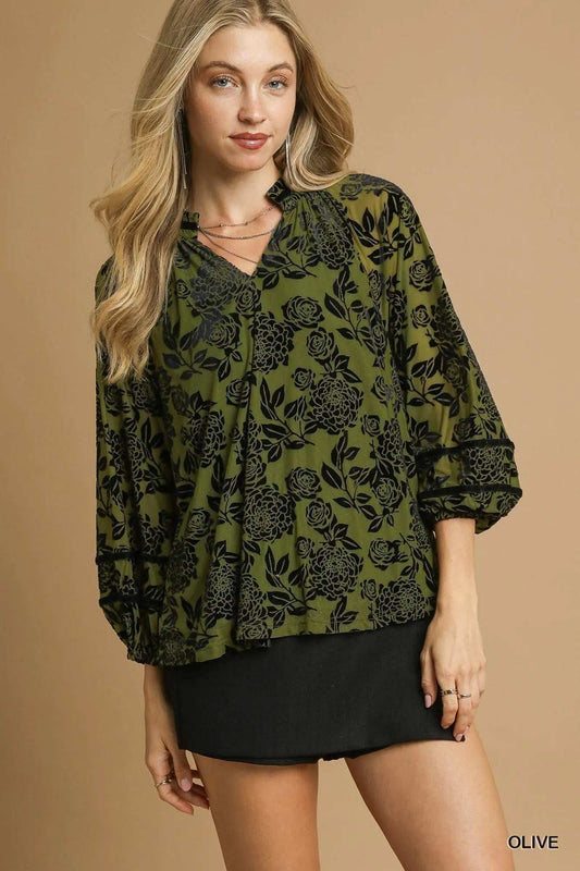 Umgee Full Size Floral Velvet Blouse with Balloon Sleeves Plus Size - Trendsi - Flyclothing LLC