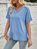 Cord Ribbed V-Neck Short Sleeve T-Shirt - Trendsi - Flyclothing LLC