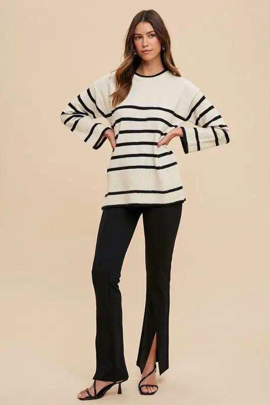Annie Wear Side Slit Striped Round Neck Sweater - Trendsi - Flyclothing LLC