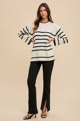 Annie Wear Side Slit Striped Round Neck Sweater - Trendsi