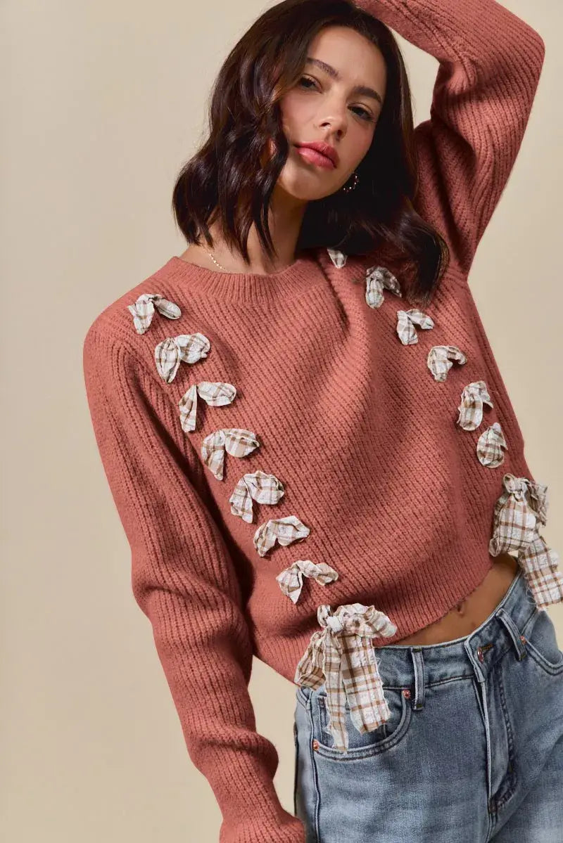 SO ME Checkered Plaid Tape Lace Up Ribbed Sweater - Trendsi - Flyclothing LLC