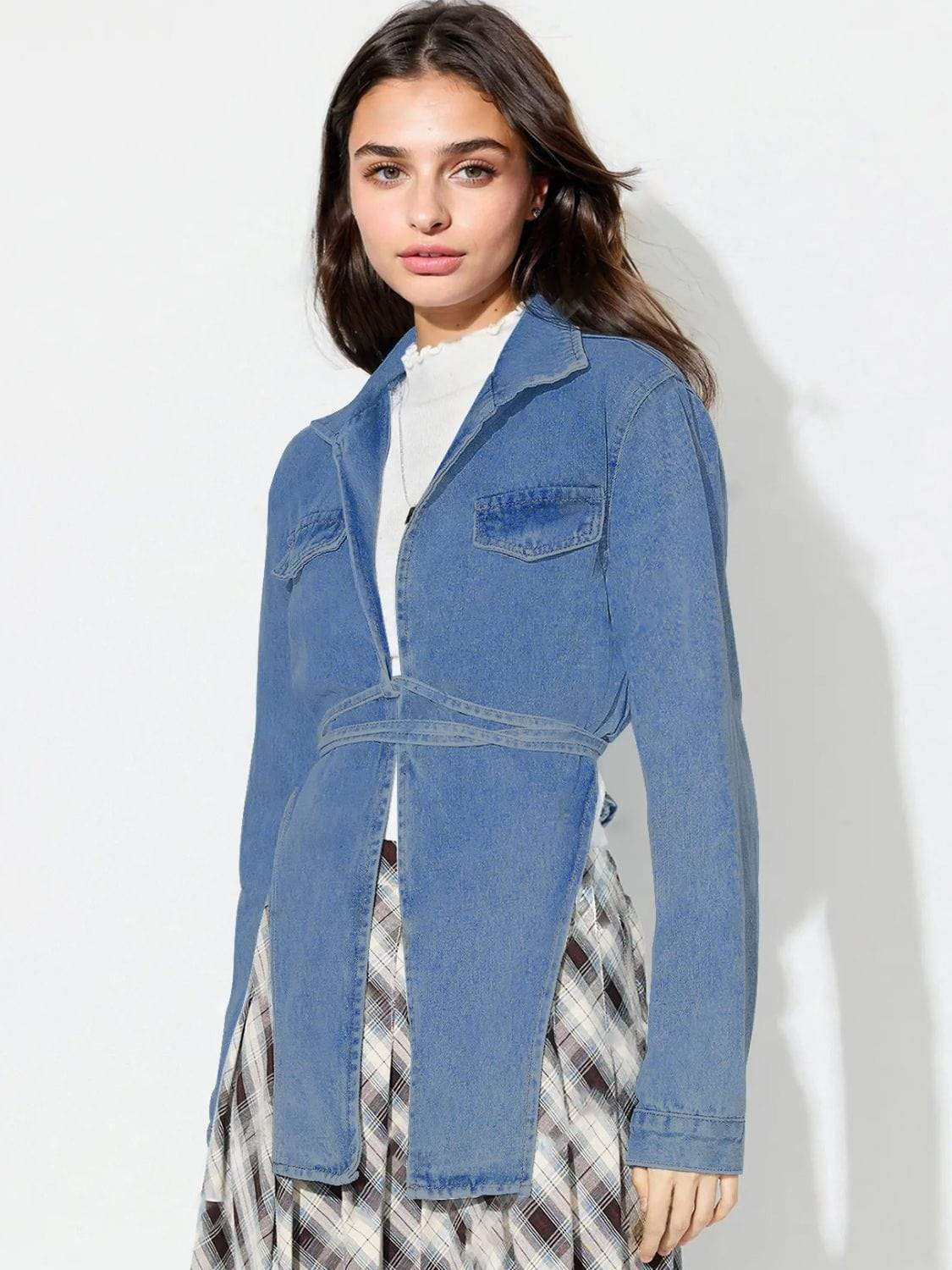 Asymmetric Slit Collared Neck Long Denim Top - Trendsi - Flyclothing LLC