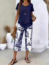 Layered Top and Leaf Print Cropped Pants Set - Trendsi - Flyclothing LLC