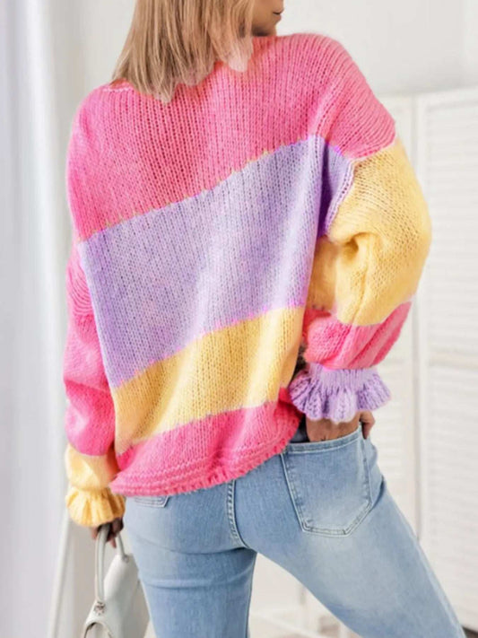 Color Block V-Neck Cardigan - Trendsi - Flyclothing LLC