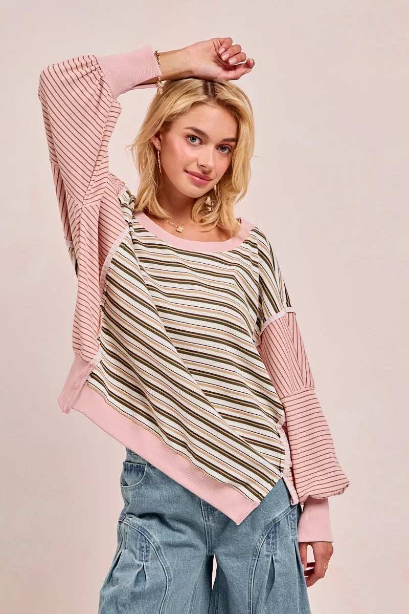 BiBi Stripe Mixed Top With Cut Edge And Reverse Outseam - Trendsi - Flyclothing LLC