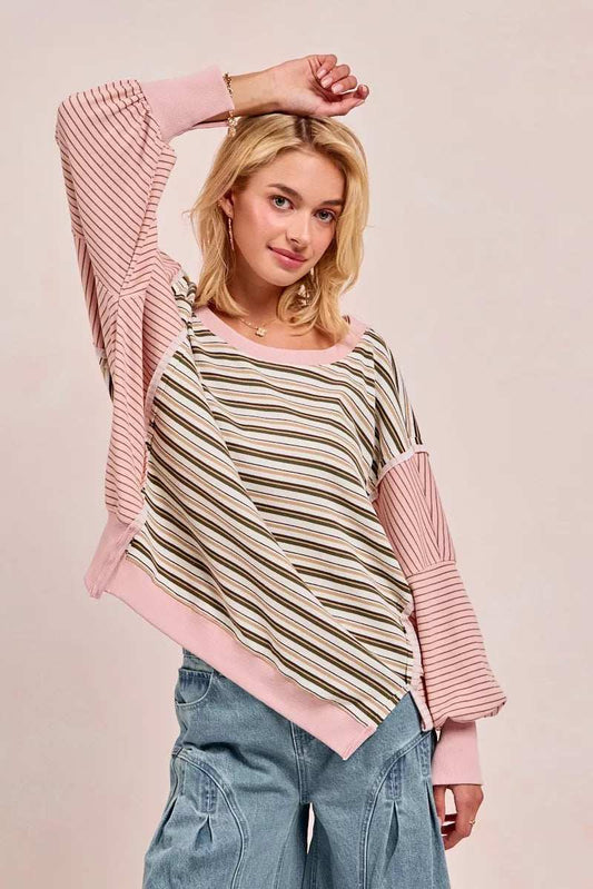 BiBi Stripe Mixed Top With Cut Edge And Reverse Outseam - Trendsi - Flyclothing LLC