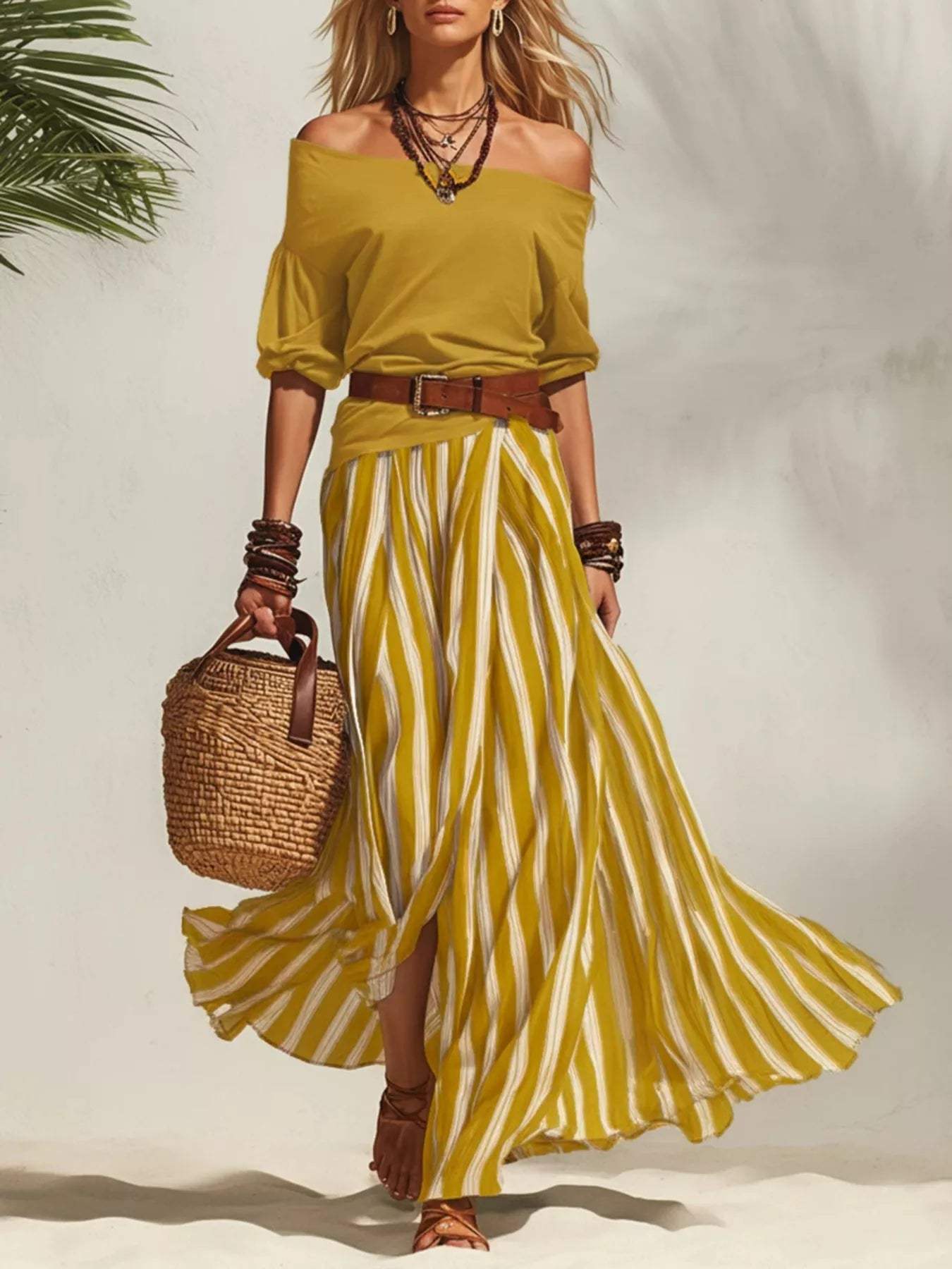 Off Shoulder Top and Striped Maxi Skirt Set - Trendsi - Flyclothing LLC