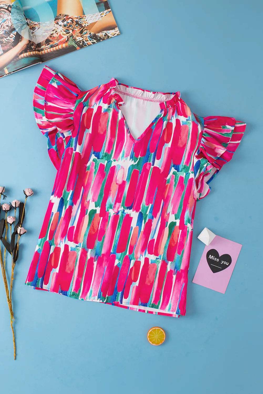 Ruffled Printed Notched Cap Sleeve Blouse - Trendsi - Flyclothing LLC