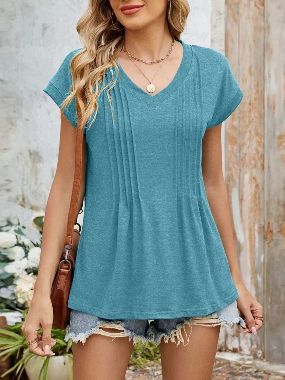 Casual V-Neck Pleated Front T-Shirt - Trendsi - Flyclothing LLC