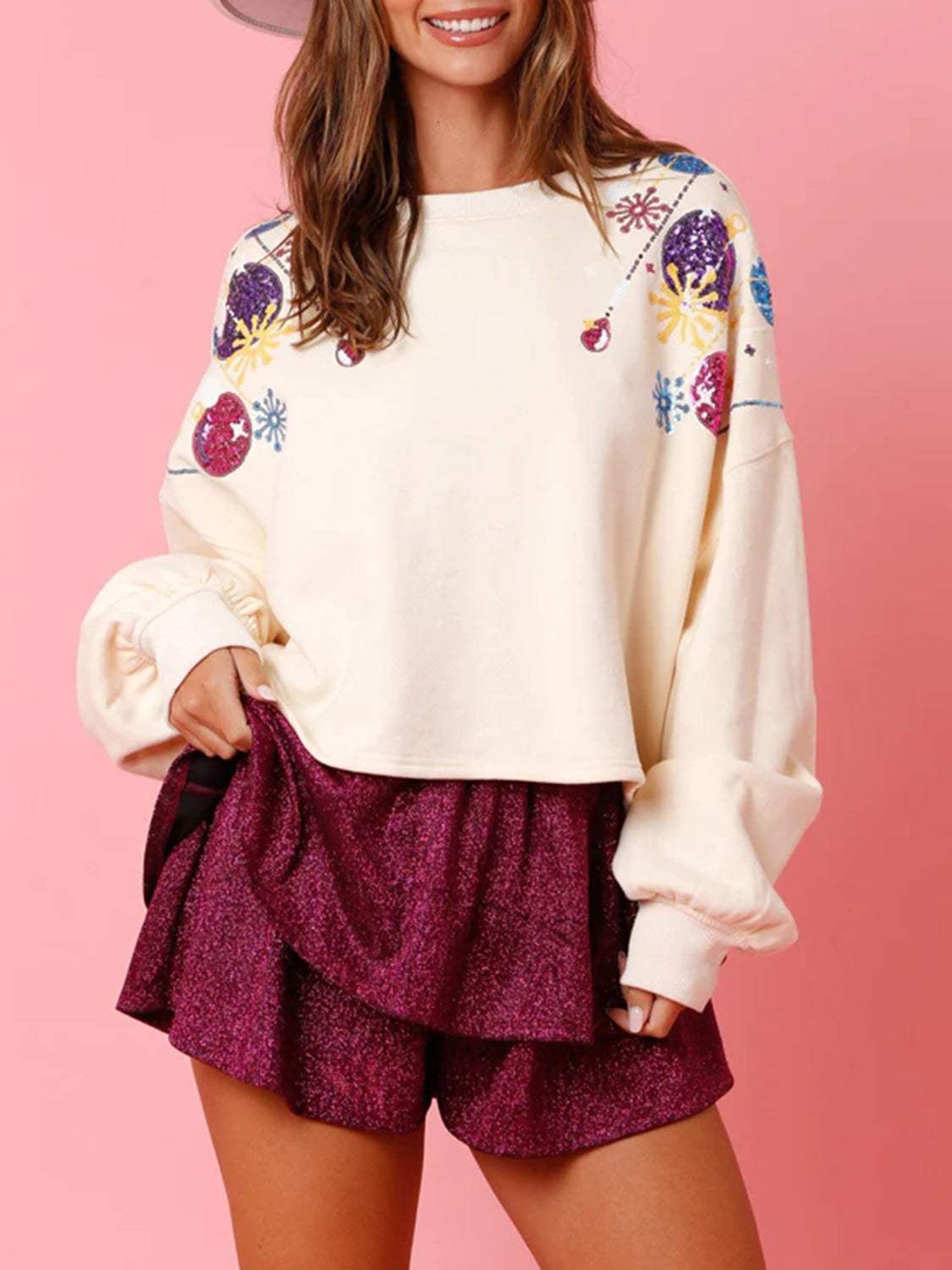 Sequin Round Neck Dropped Shoulder Sweatshirt - Trendsi - Flyclothing LLC