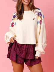 Sequin Round Neck Dropped Shoulder Sweatshirt - Trendsi