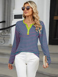 Striped Notched Long Sleeve T-Shirt - Trendsi