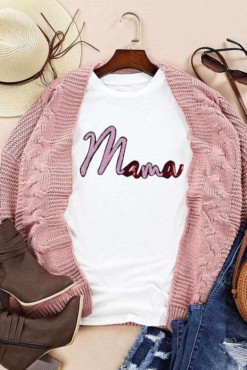 MAMA Sequin Round Neck Short Sleeve T-Shirt - Trendsi - Flyclothing LLC