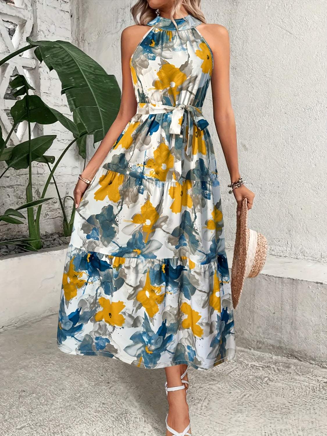 Tiered Printed Mock Neck Sleeveless Dress - Trendsi - Flyclothing LLC