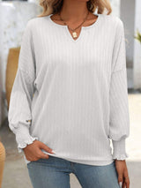Textured Notched Lantern Sleeve T-Shirt - Trendsi - Flyclothing LLC