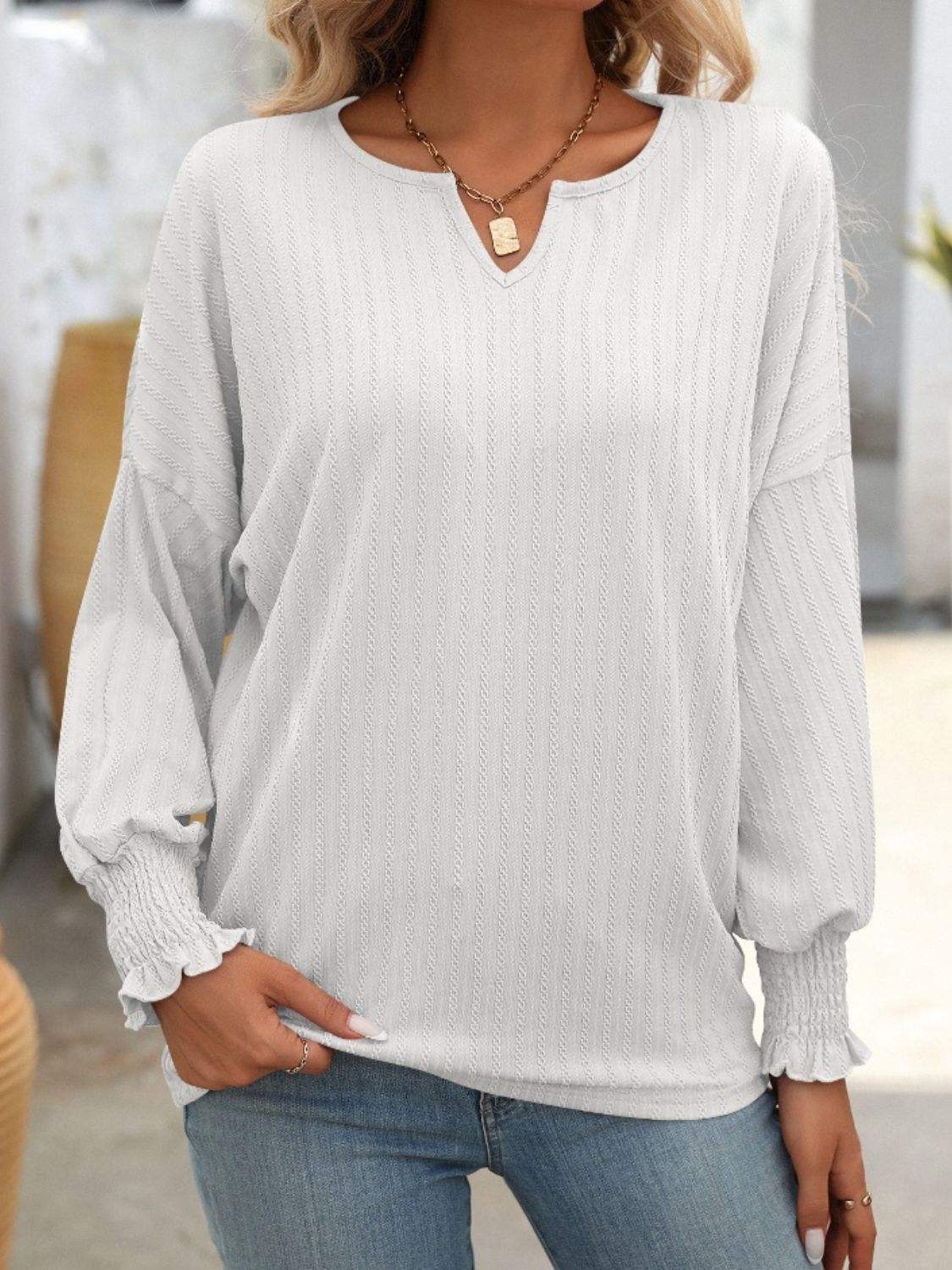 Textured Notched Lantern Sleeve T-Shirt - Trendsi - Flyclothing LLC