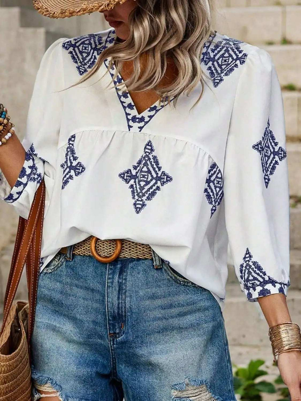 Printed V-Neck Three-Quarter Sleeve Blouse - Trendsi - Flyclothing LLC