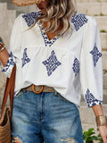 Printed V-Neck Three-Quarter Sleeve Blouse - Trendsi - Flyclothing LLC