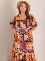 Plus Size Printed V-Neck Half Sleeve Maxi Dress - Trendsi - Flyclothing LLC