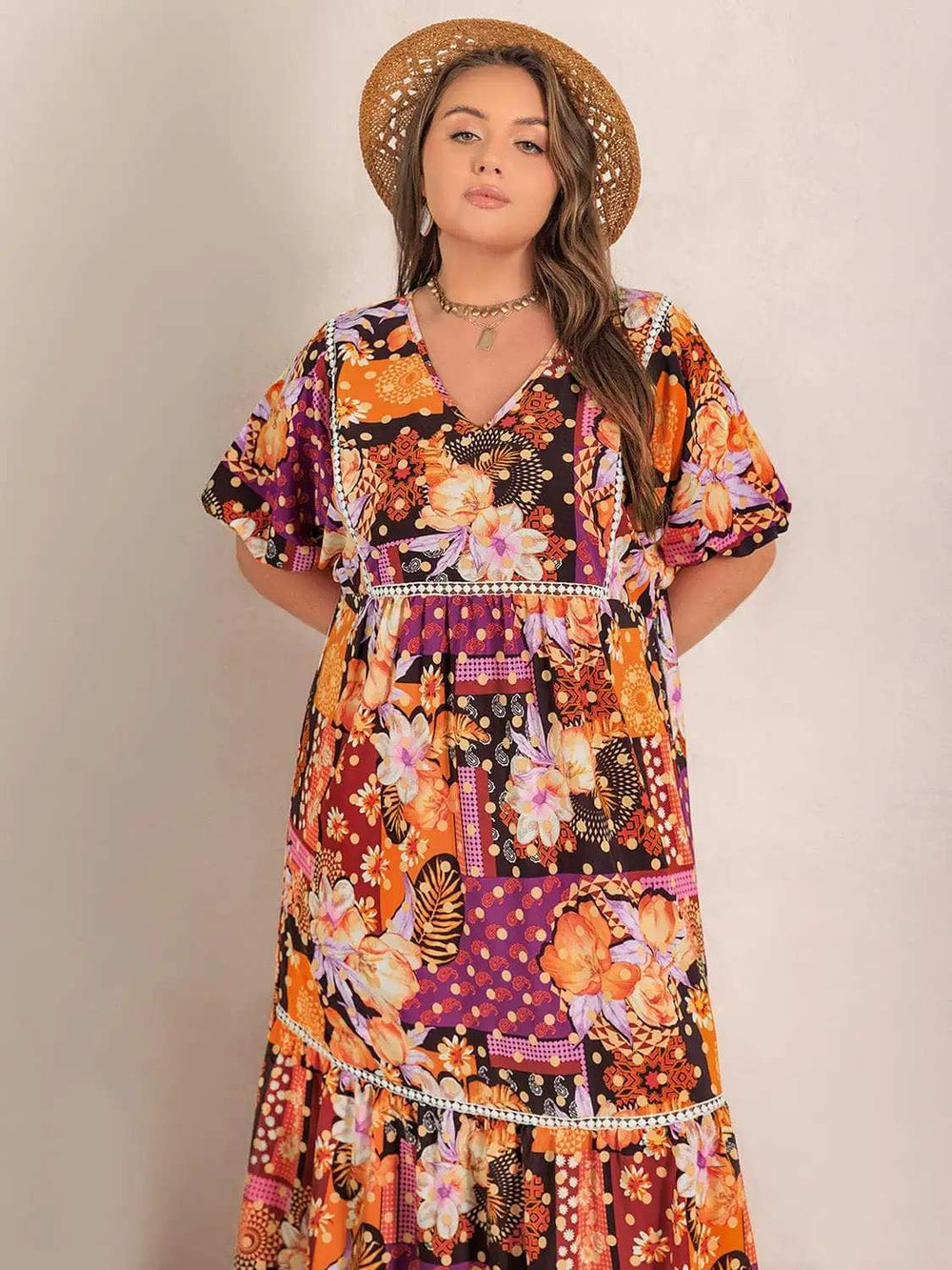 Plus Size Printed V-Neck Half Sleeve Maxi Dress - Trendsi - Flyclothing LLC