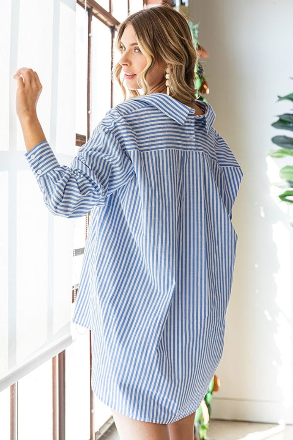 First Love Striped Button Down High-Low Hem Shirt - Trendsi