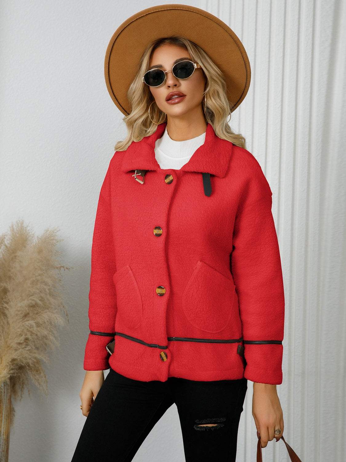 Pocketed Button Down Collared Neck Jacket - Trendsi - Flyclothing LLC