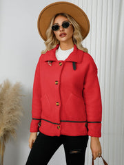Pocketed Button Down Collared Neck Jacket - Trendsi