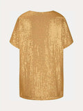 Full Size Sequin V-Neck Short Sleeve Top - Trendsi - Flyclothing LLC