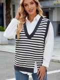 Slit V-Neck Striped Sweater Vest - Trendsi