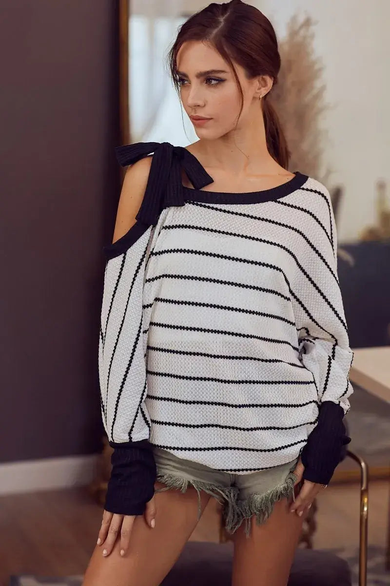 BiBi Stripe Yarn Dye Waffle One Shoulder Ribbon Detail Top - Trendsi - Flyclothing LLC
