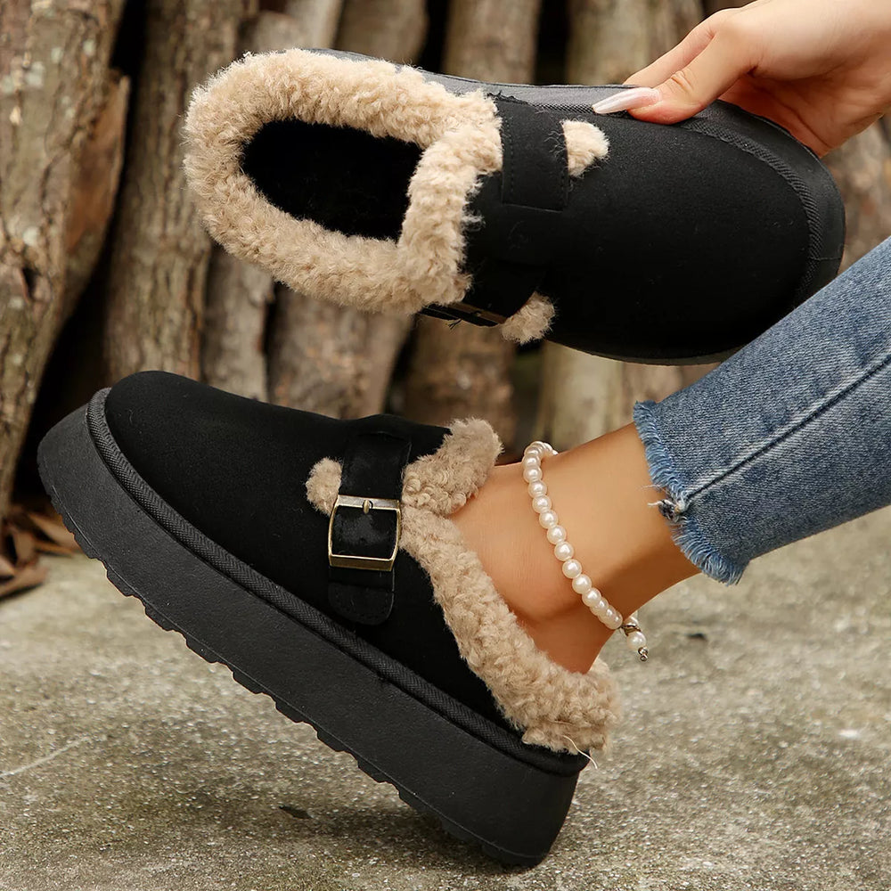 Fuzzy Trim Buckle Platform Slippers - Trendsi - Flyclothing LLC