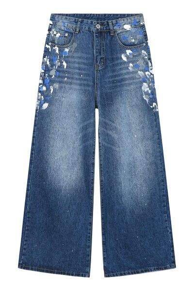 Watercolor Wide Leg Jeans with Pockets - Trendsi - Flyclothing LLC