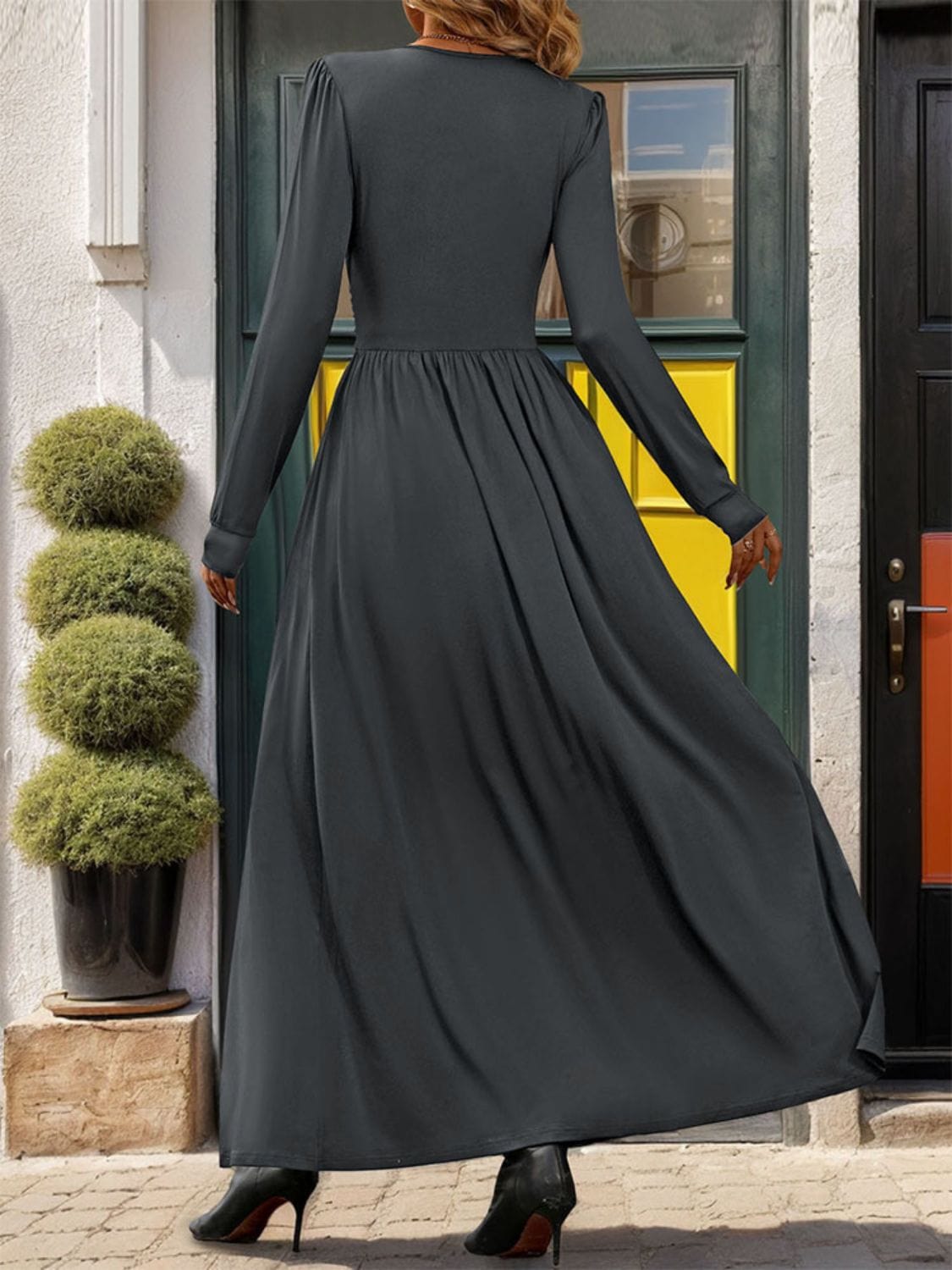 Lace Detail Slit V-Neck Long Sleeve Dress - Trendsi
