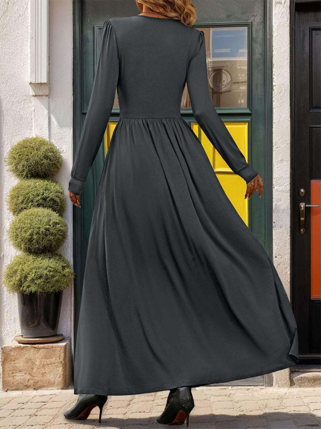 Lace Detail Slit V-Neck Long Sleeve Dress - Trendsi - Flyclothing LLC