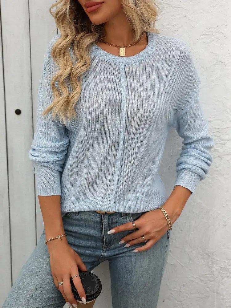 Round Neck Dropped Shoulder Knit Top - Trendsi - Flyclothing LLC