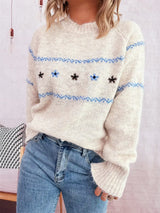Ribbed Hem Flower Long Sleeve Sweater - Trendsi - Flyclothing LLC