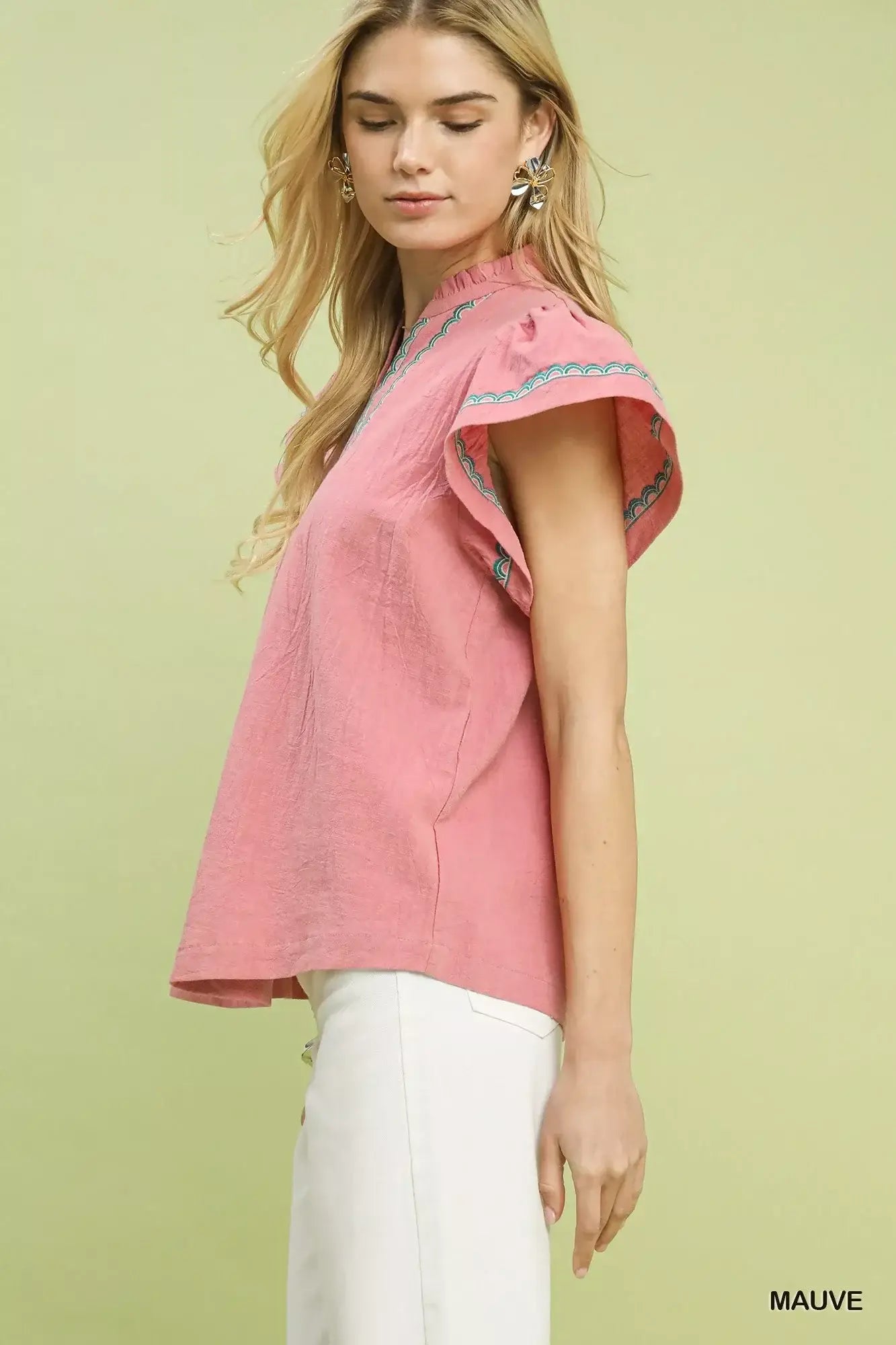 Umgee Embroidered Flutter Sleeve Blouse - Trendsi - Flyclothing LLC