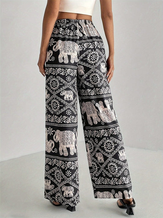 Printed Wide Leg Elastic Waist Pants - Trendsi